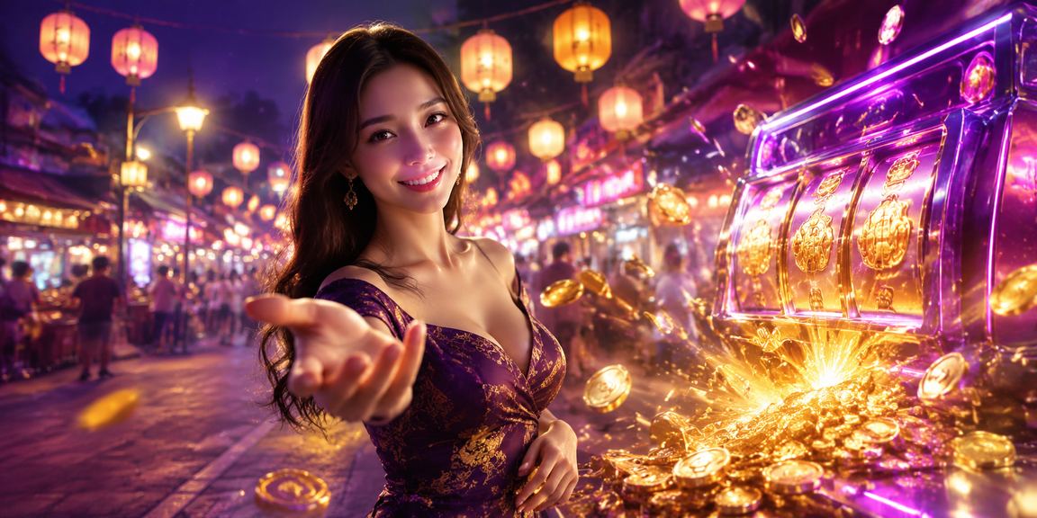 Người chơi slot game tại khu chợ đêm Phú Quốc với ánh đèn neon lung linh